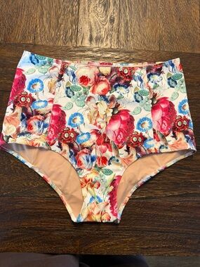 Kortni Jeane Floral High-Waist Swim Bottoms in Pink, Blue & Green